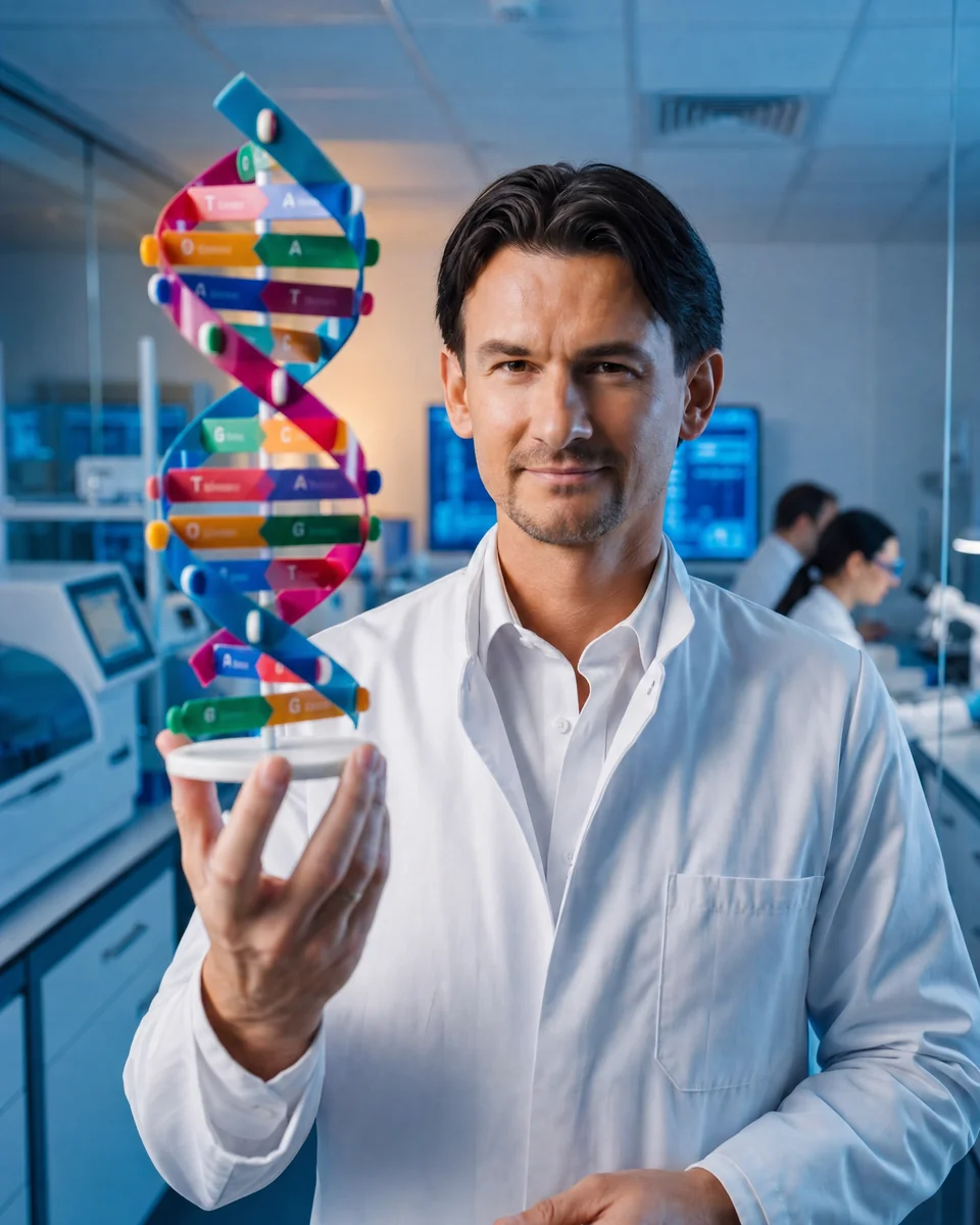 Wissenschaftler h&auml;lt DNA-Modell im Labor